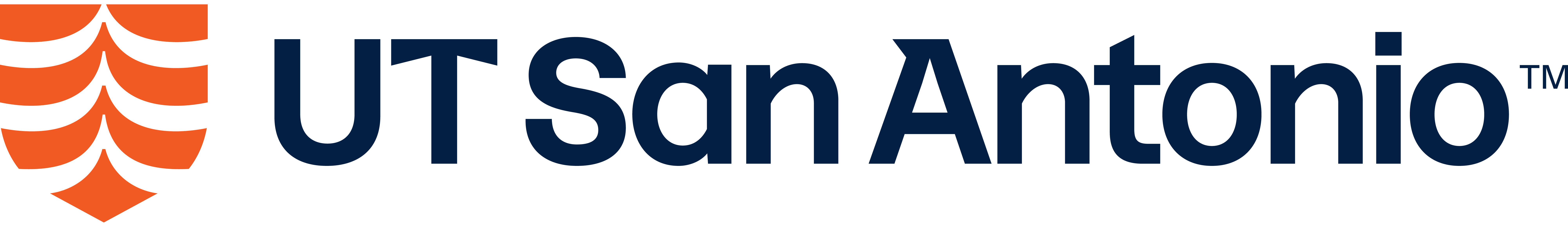 Orange logo shield with white wavy lines on left side, and UT San Antonio text to the right of the shield